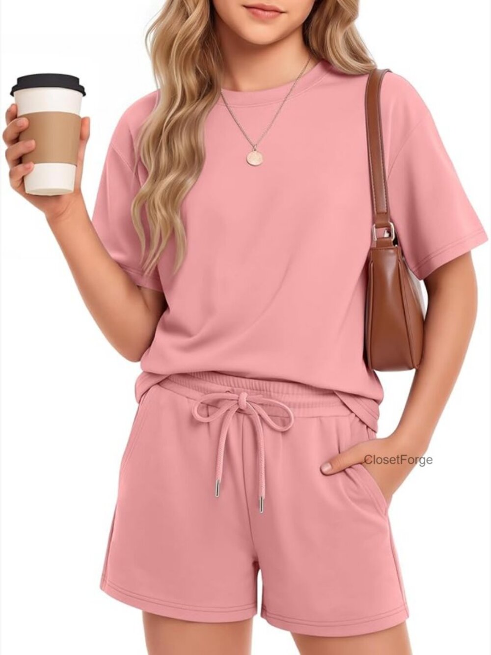 Girls 2 Piece Outfits Short Sleeve Drop Shoulder Top Drawstring Shorts Sets